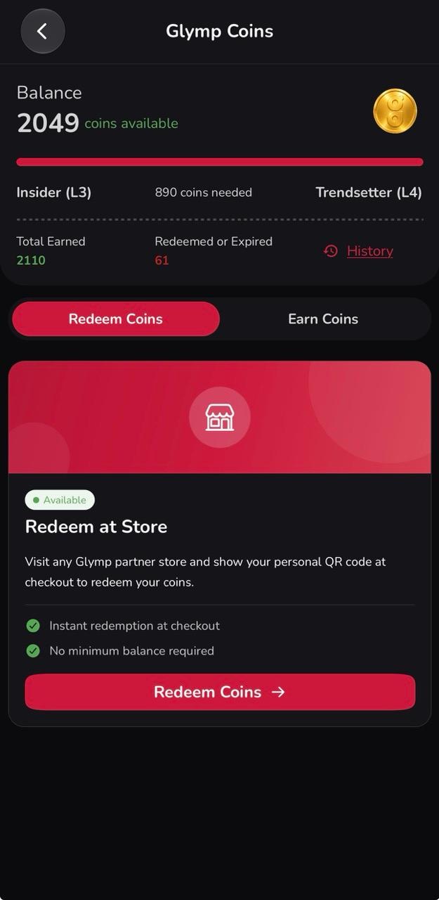 Glymp Coins in the Glymp app